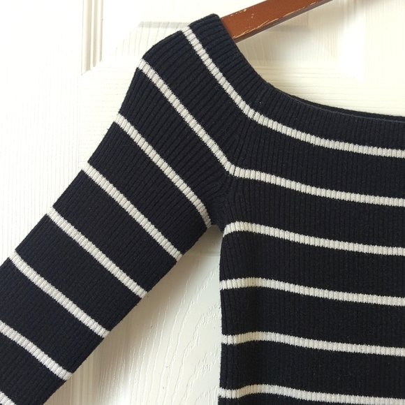 American Eagle Striped Ribbed Knit Form Fitting Off Shoulder Sweater Black White - Picture 3 of 10